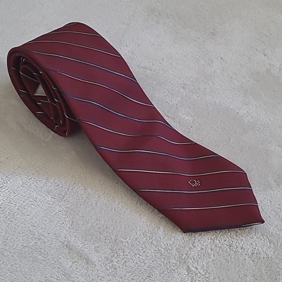 Vintage Christian Dior Men's Necktie Red Navy White Regimental Stripe Short Tie - Picture 16 of 16